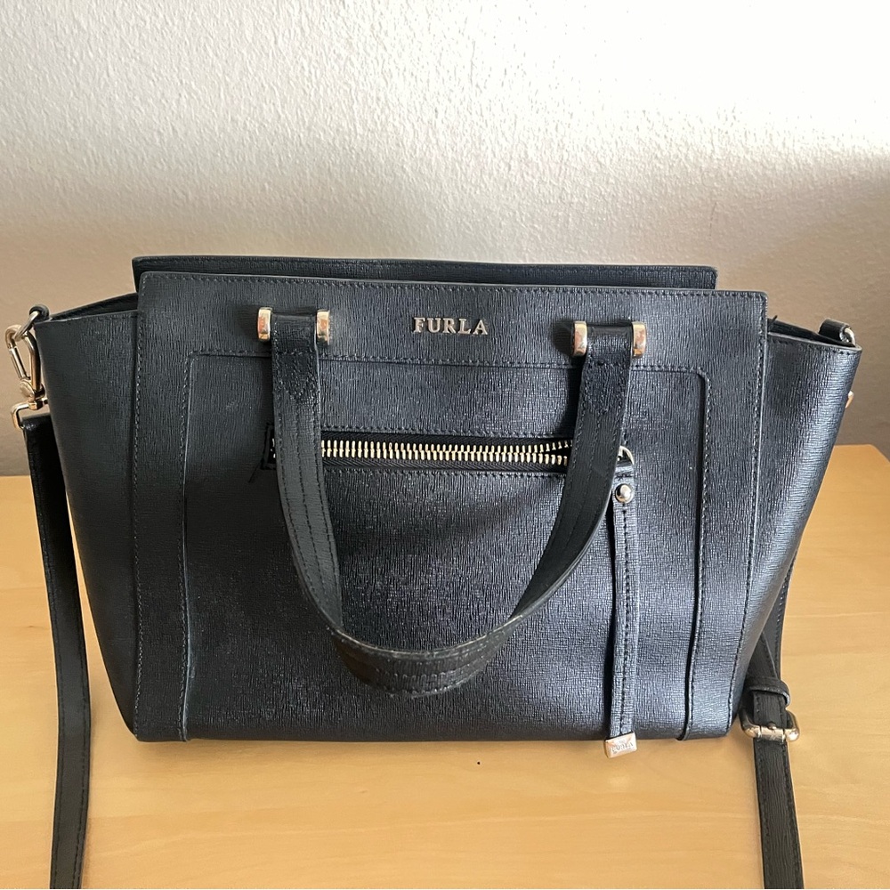 FURLA • Black Leather Handbag w/Shoulder Strap
